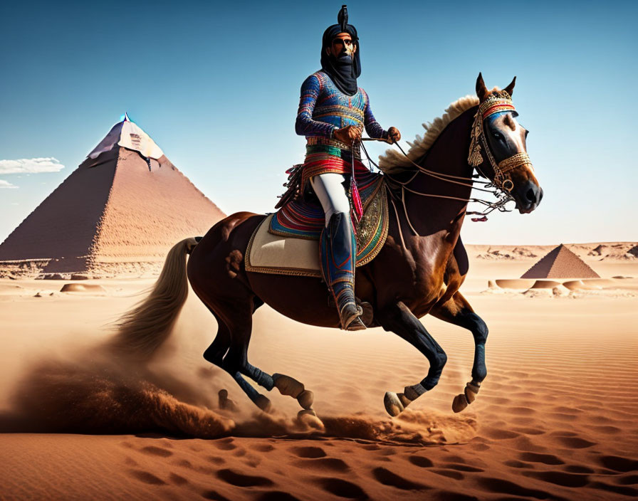 Traditional attire rider on galloping horse near Great Pyramid.