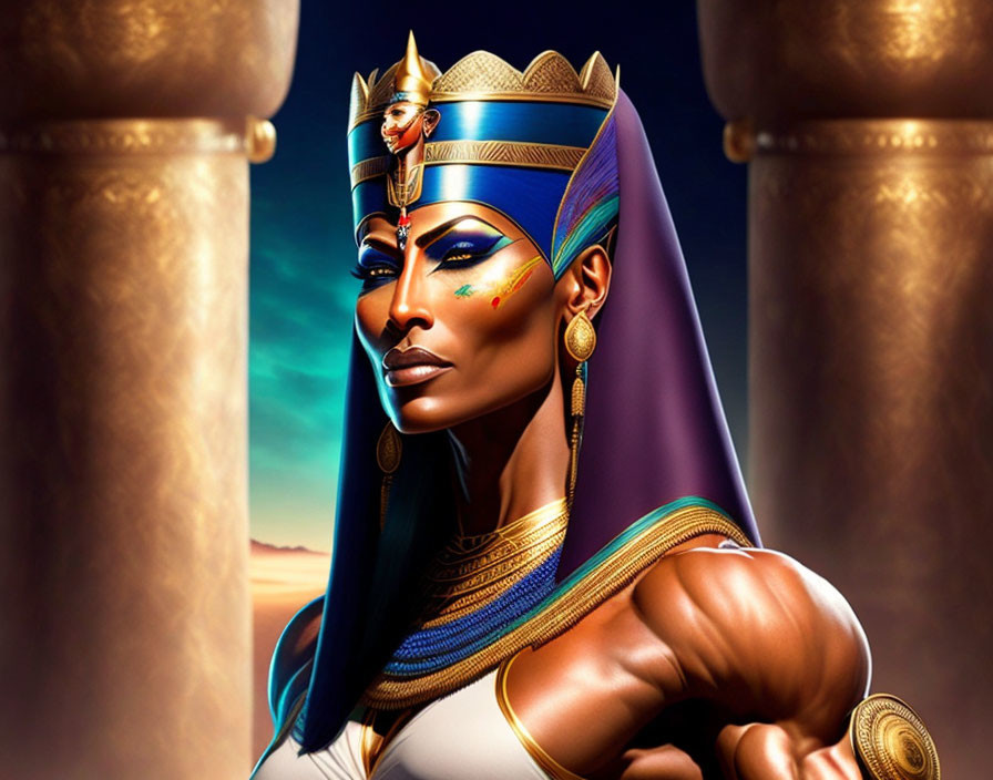 Regal female character with Egyptian pharaoh headdress in desert