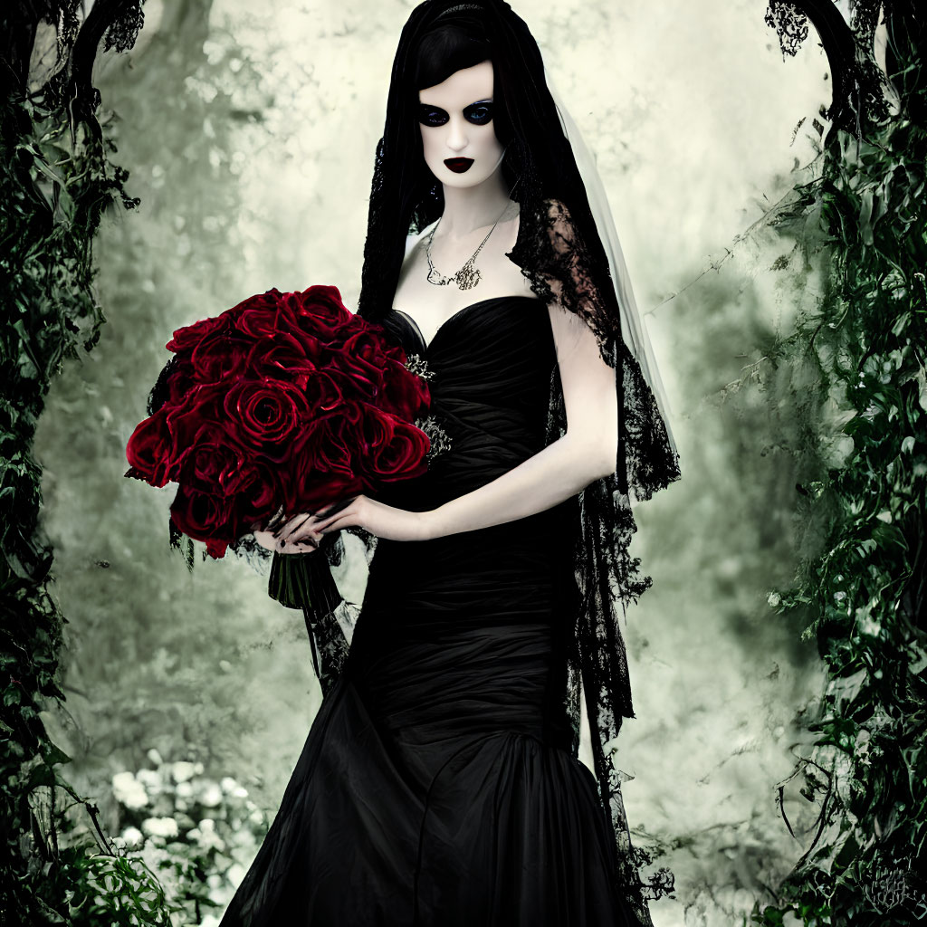 Pale woman in gothic attire with red roses in misty backdrop