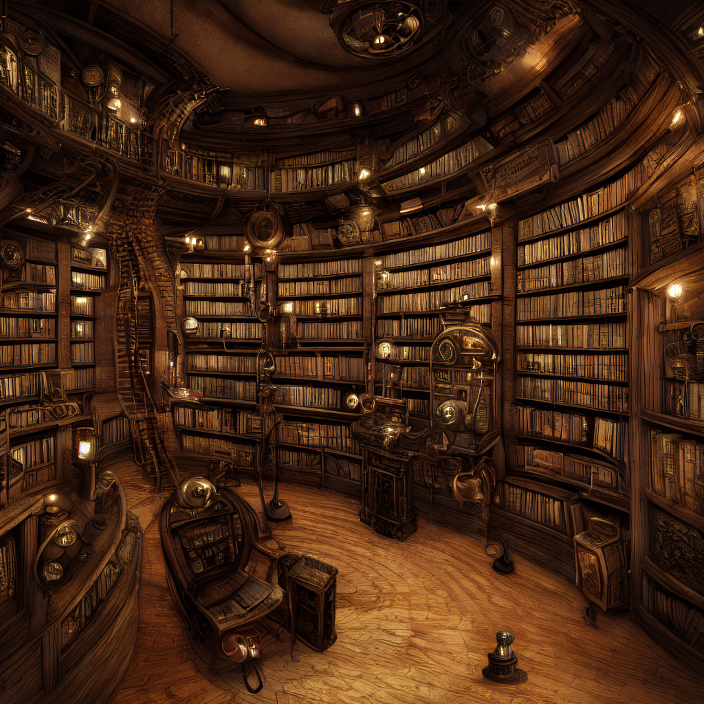 Circular Library with Wooden Bookshelves, Spiral Staircase, Vintage Furniture, and Telescope