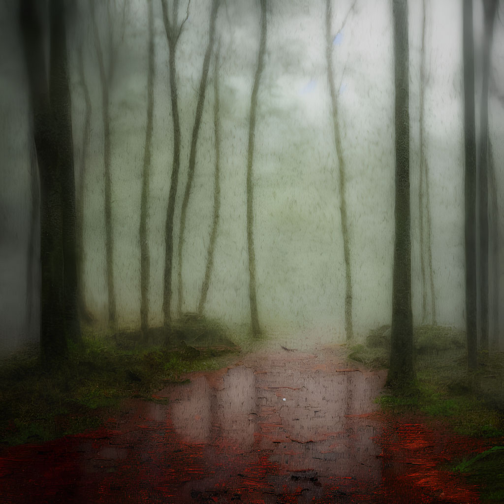 Misty forest path with bare trees and red leaves evokes mystery