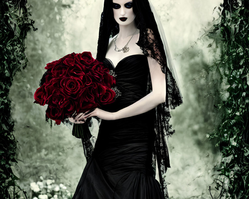 Pale woman in gothic attire with red roses in misty backdrop