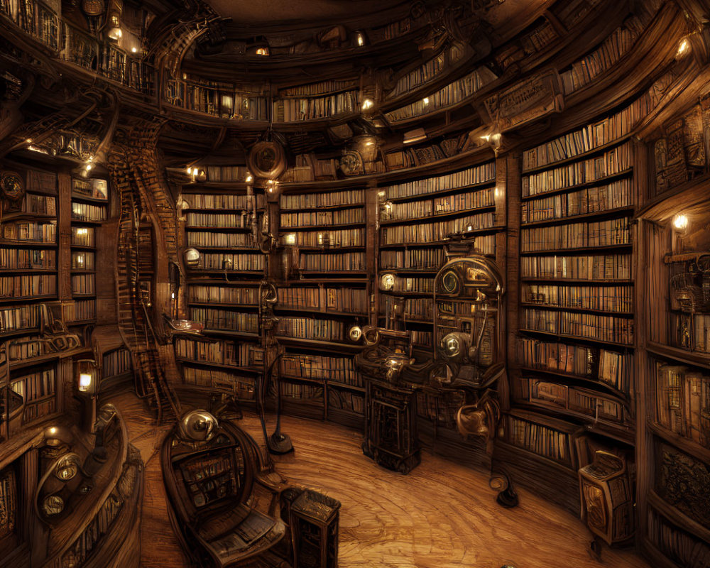 Circular Library with Wooden Bookshelves, Spiral Staircase, Vintage Furniture, and Telescope