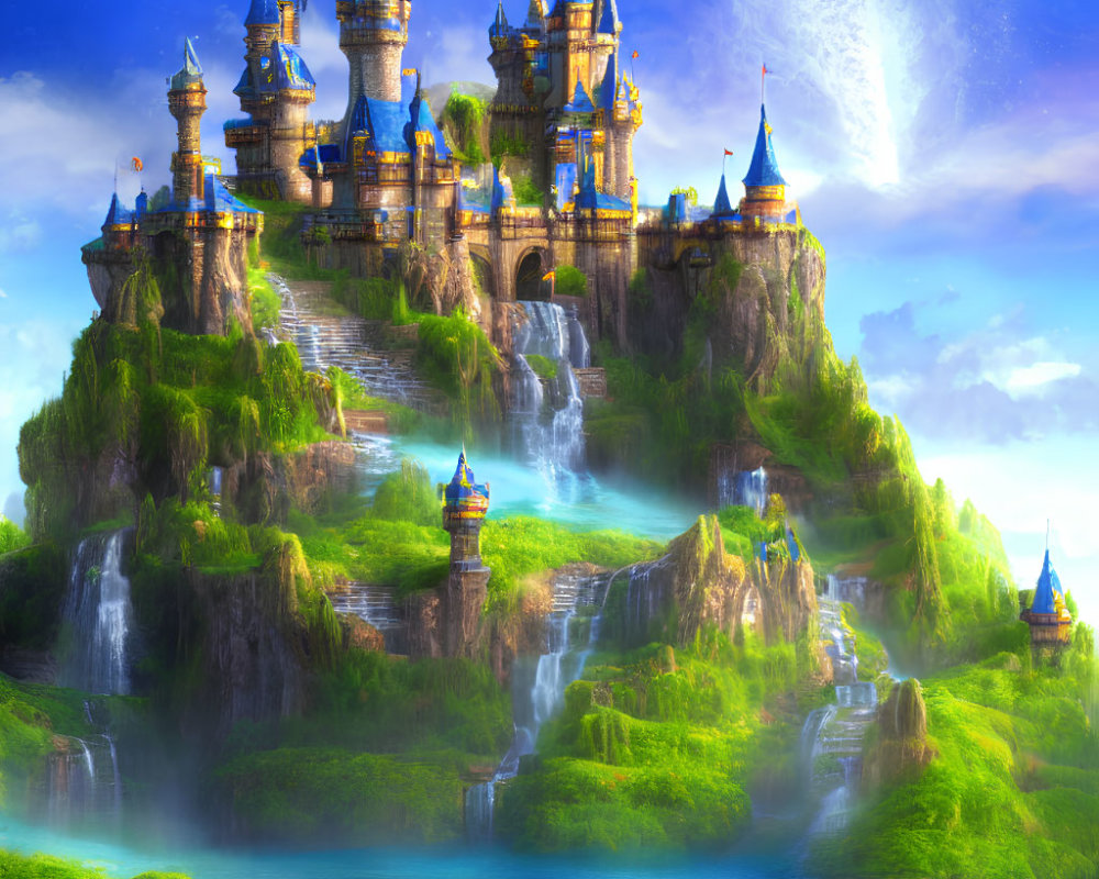 Majestic castle on cascading waterfalls in lush fantasy landscape