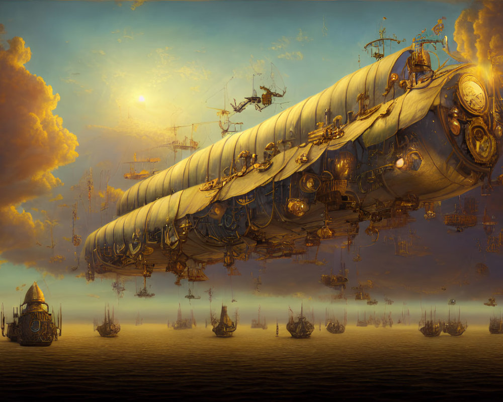 Fantastical golden airships in dreamy steampunk sky