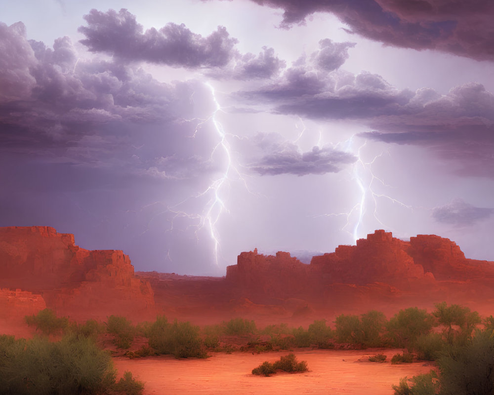 Dramatic desert scene with vivid lightning strikes illuminating rugged mesas under stormy dusk sky