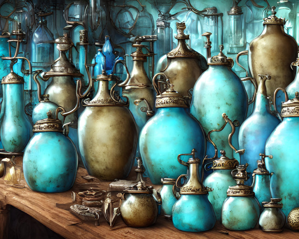 Vintage blue and bronze potion bottles on wooden shelf