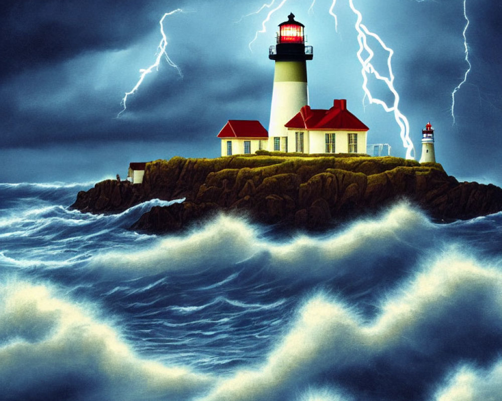 Stormy seascape with lighthouse, waves, and lightning