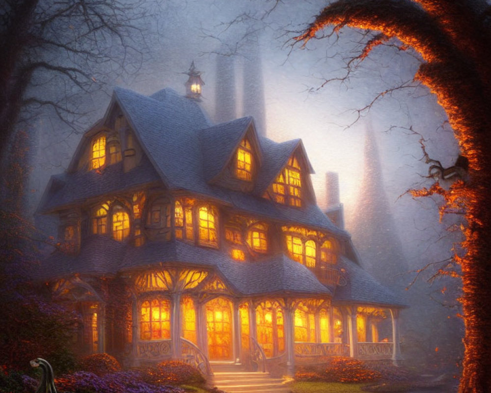 Cozy illuminated cottage in misty autumn scene with carved pumpkin