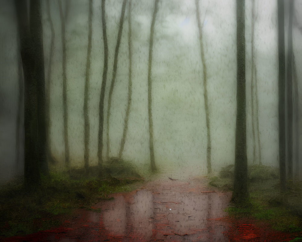 Misty forest path with bare trees and red leaves evokes mystery