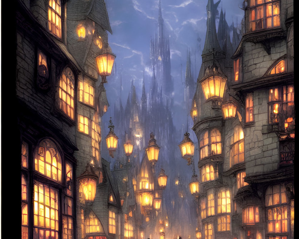 Enchanting cobblestone street at night with old-style buildings and glowing windows.