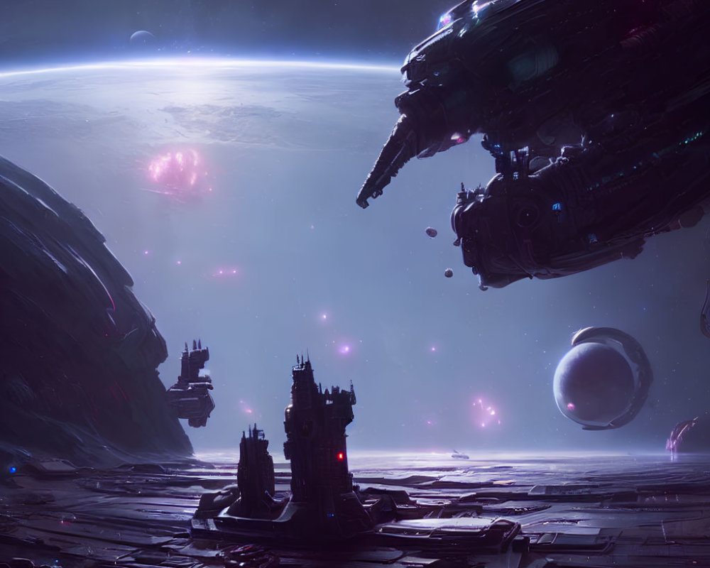 Futuristic sci-fi scene with hovering spaceships and celestial backdrop