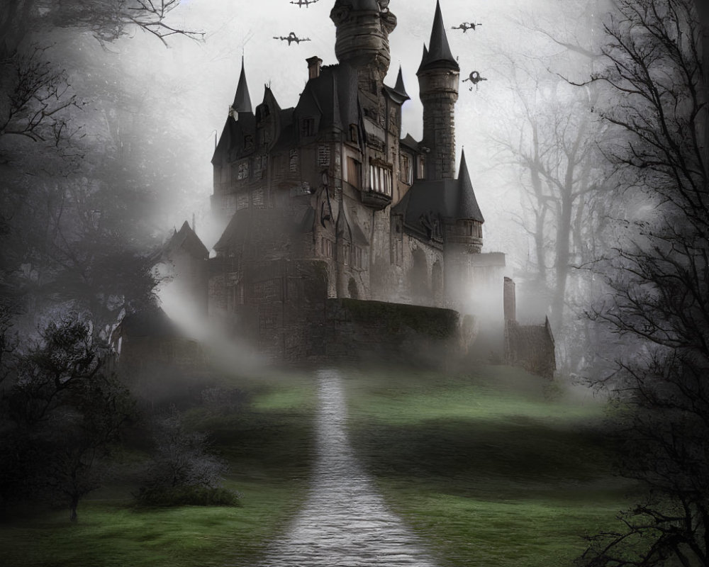 Mysterious dark castle in mist with winding path and bare trees