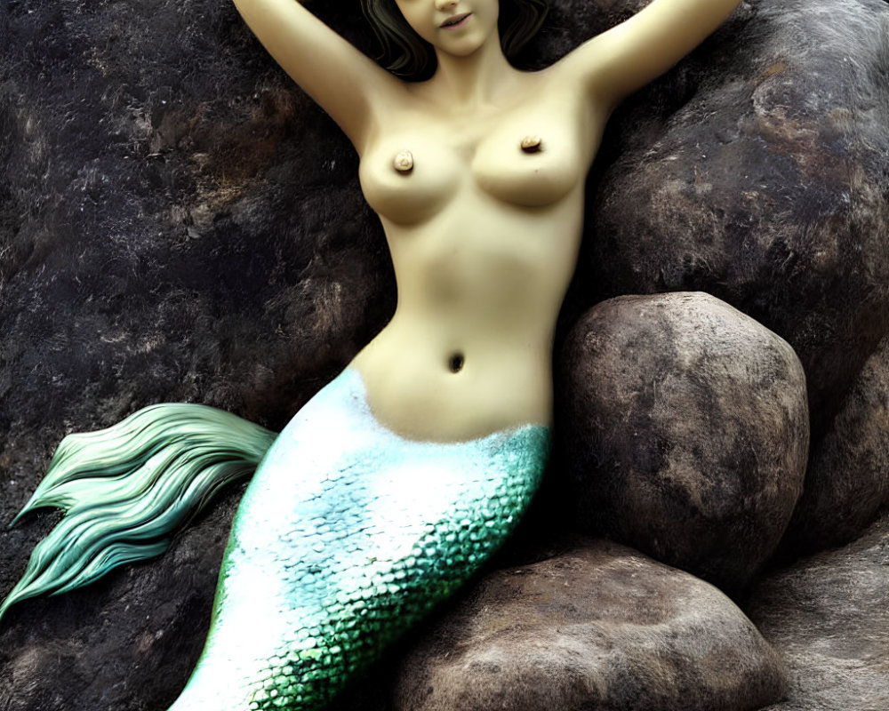 Mermaid statue reclining on rocks with green tail and flowing hair