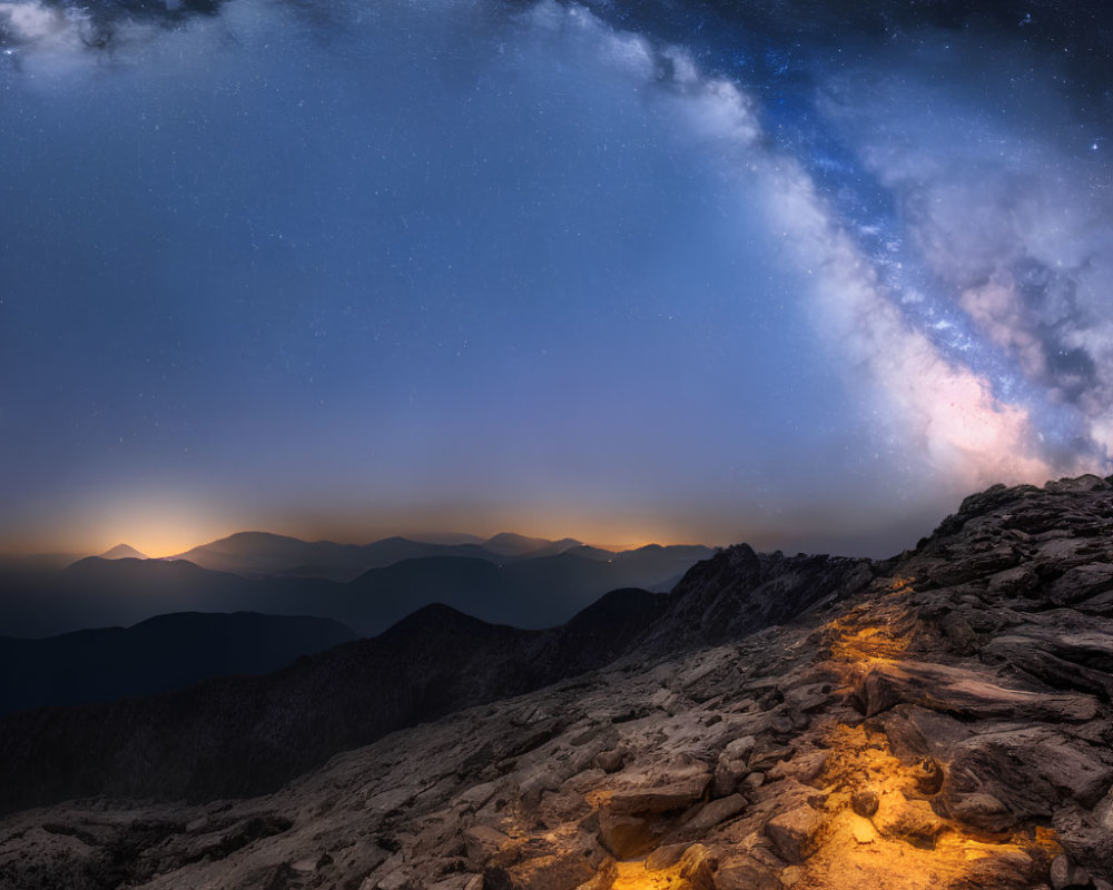 Twilight mountain landscape with starry sky and Milky Way view