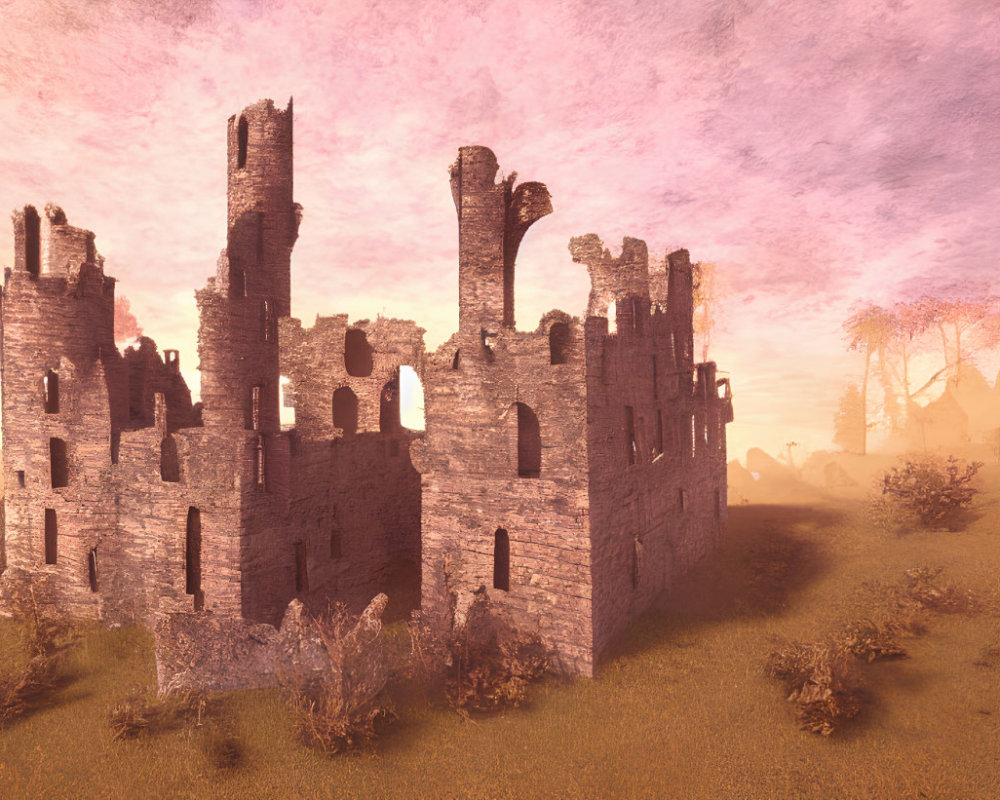 Old castle ruins at sunset with overgrown foliage and pink sky