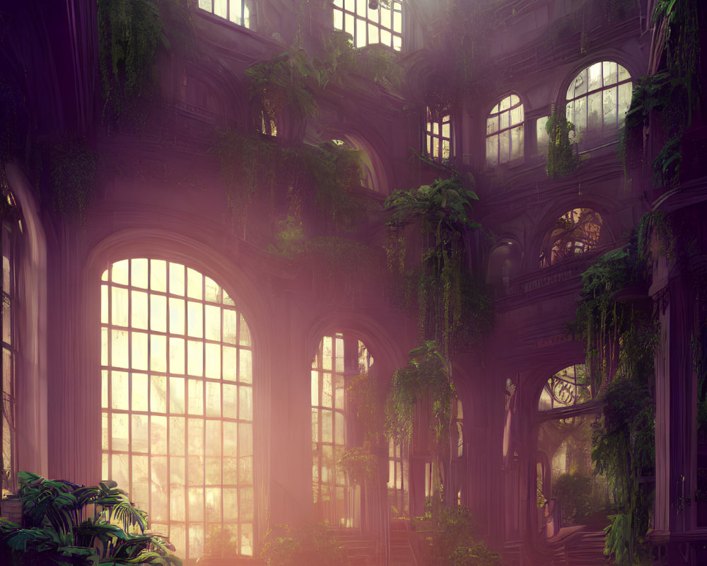 Ethereal abandoned mansion with overgrown greenery and sunlight filtering through windows