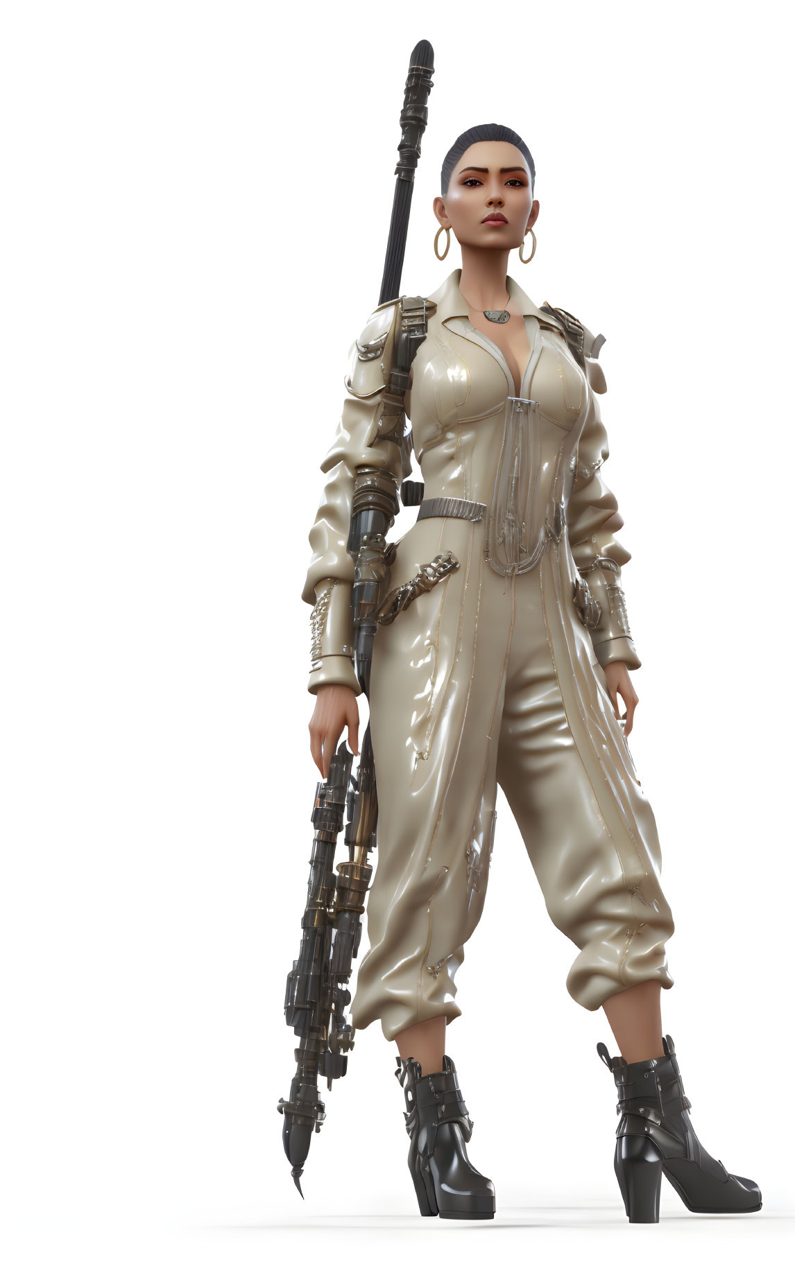 Futuristic woman in beige jumpsuit with rifle and short hair