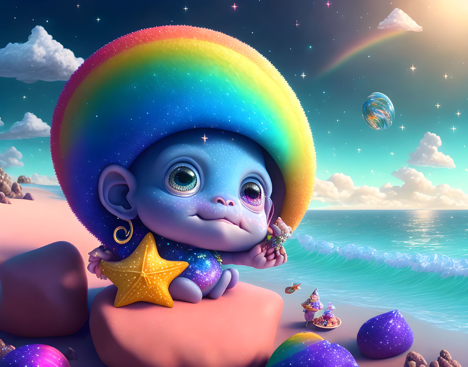 Fantasy creature illustration with rainbow, ocean, stars, and sky