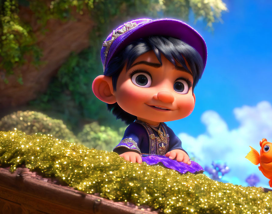 Animated girl in purple outfit with curious expression, surrounded by glitter and orange bird.