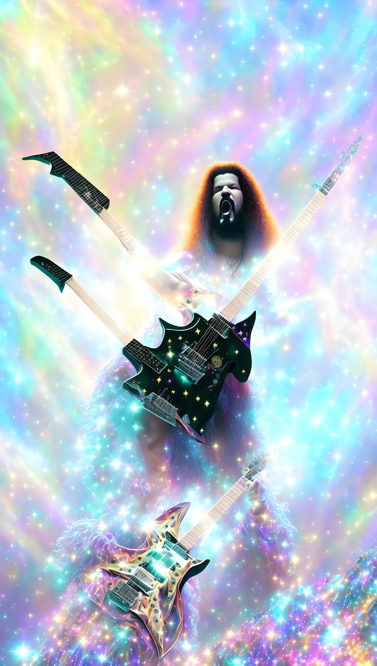 Vibrant cosmic background with central figure and floating electric guitars