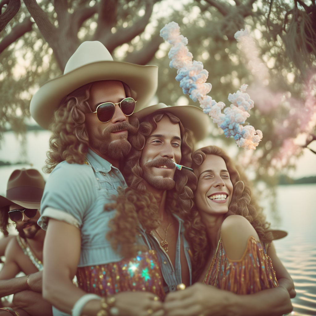 Three people in retro style hats and sunglasses embracing by a lake with whimsical smoke.