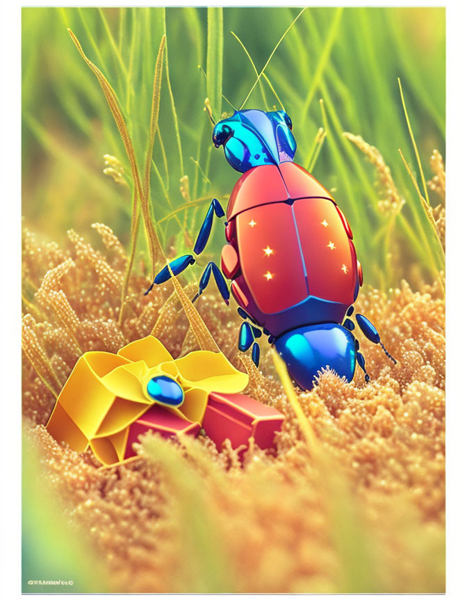 Colorful Mechanical Beetle Illustration on Grass with Gear Flower