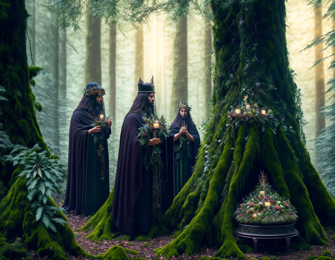 Mystical forest scene with robed figures and floral altar