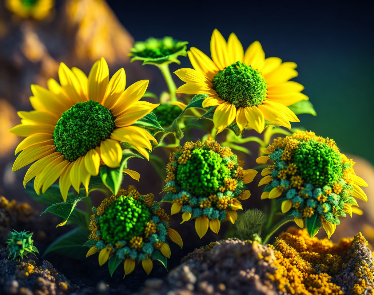 Bright yellow sunflowers with large green centers in rich soil.