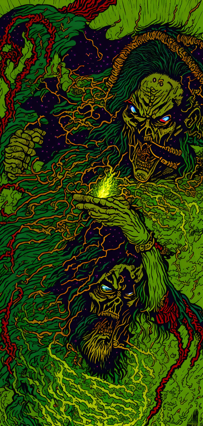 Grotesque fanged creatures in vibrant green and red setting with sinister yellow glow.