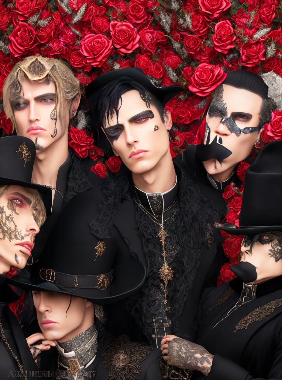 Five individuals in gothic attire and makeup with red roses, creating a dramatic scene.