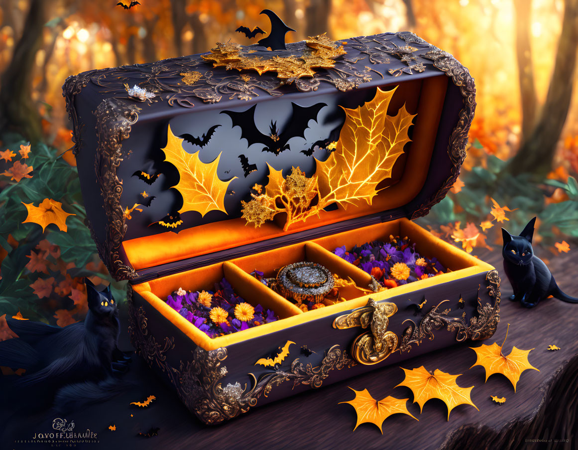 Bat motif decorative box with autumn leaves, flowers, bracelet, and black cats in forest scene