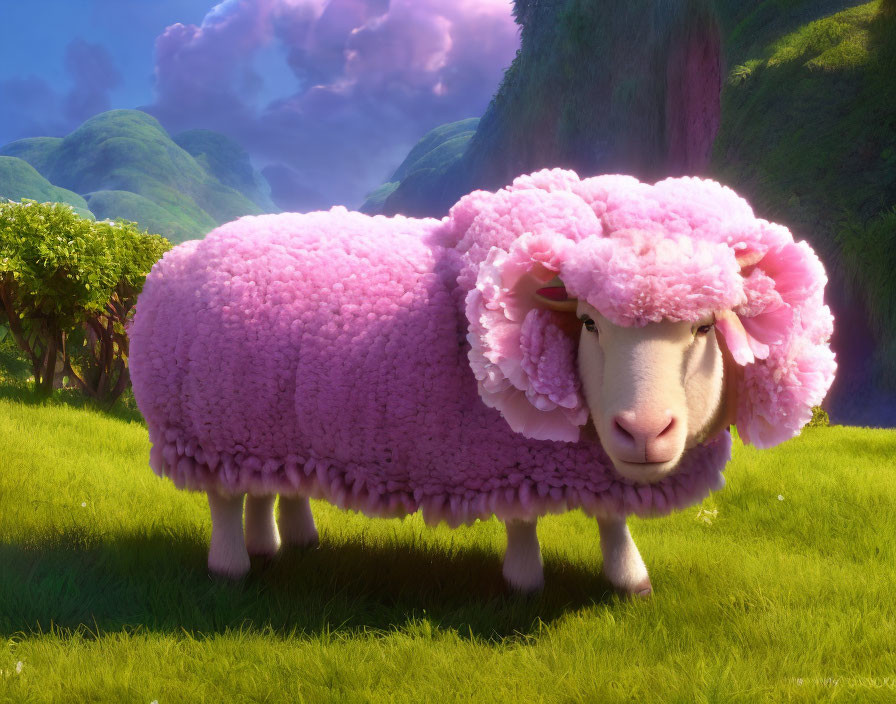 Fluffy pink sheep with curly wool in lush green meadow