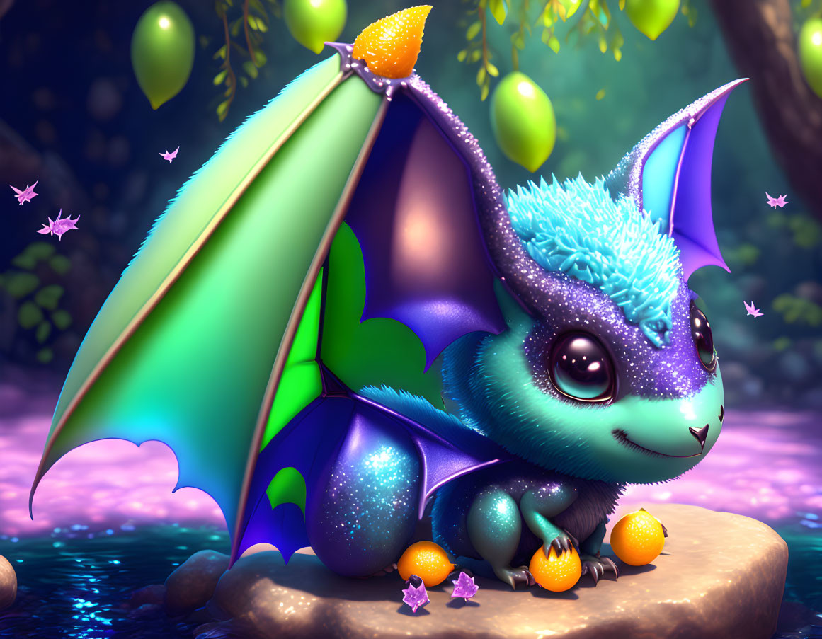 Colorful stylized illustration of adorable dragon with blue fur, green and purple wings on rock with glowing