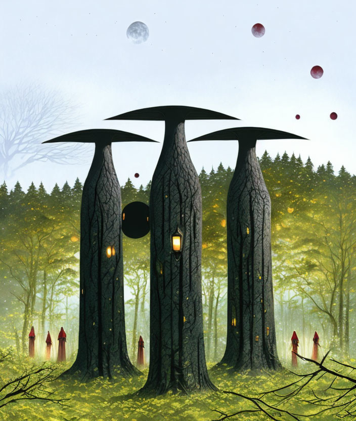 Majestic forest with towering tree structures, glowing lanterns, robed figures, and red spheres