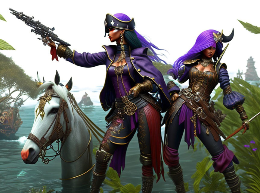 Stylized female pirate characters with colorful outfits and weapons beside a horse, misty sea background