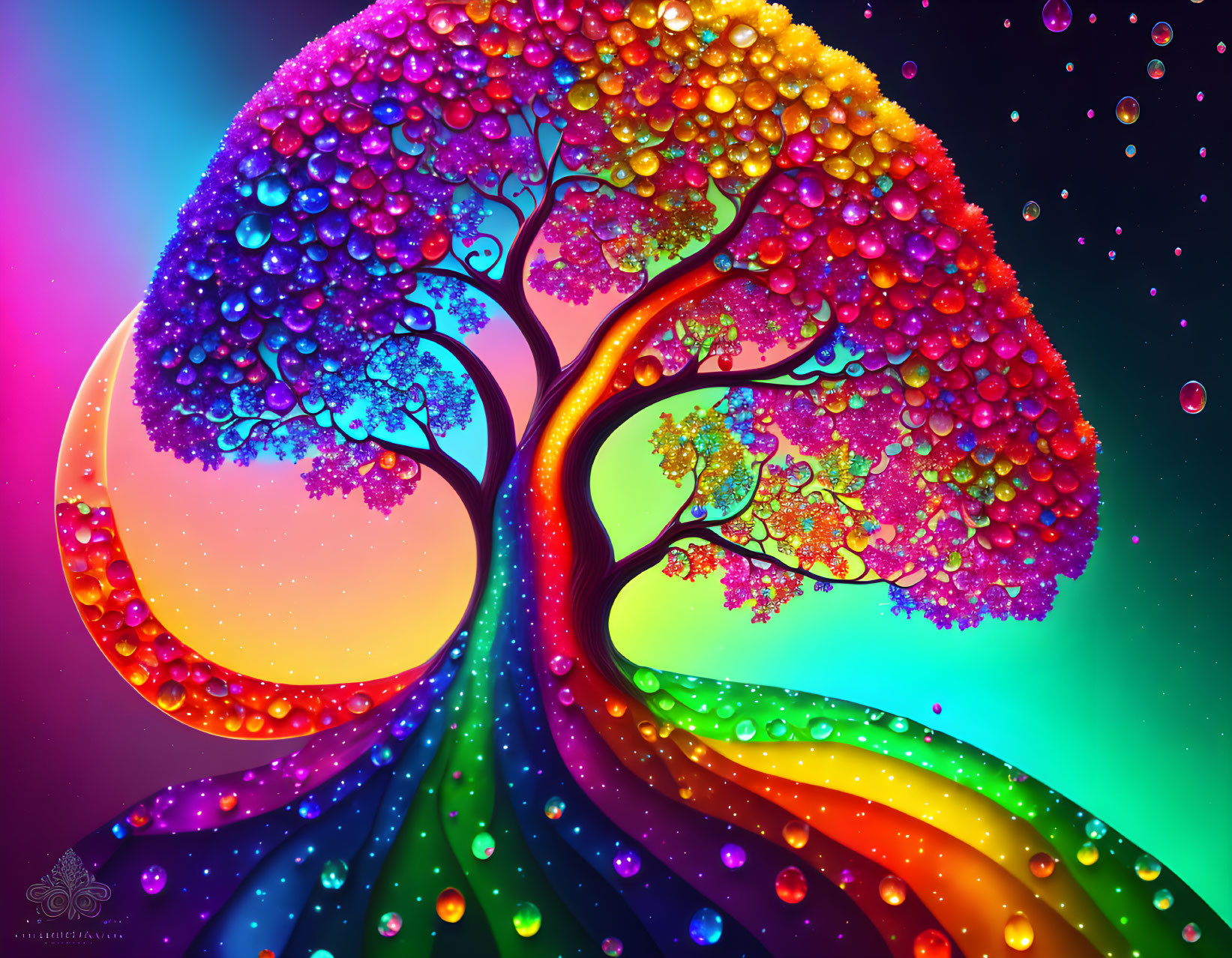 Colorful digital artwork: Whimsical tree with multicolored leaves on neon-gradient backdrop.