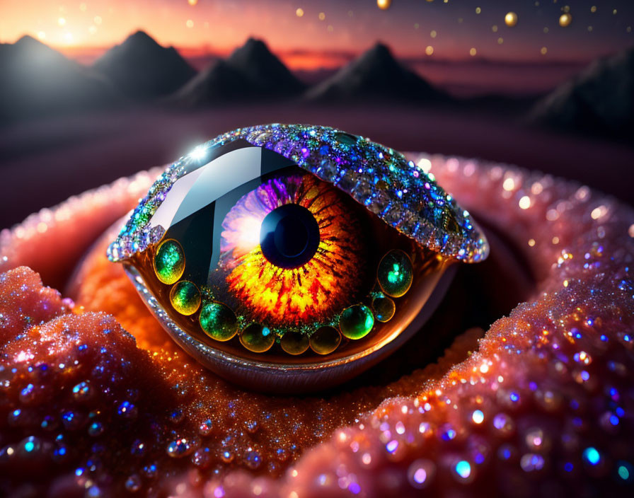 Colorful surreal eye with fiery iris in fantastical mountain landscape