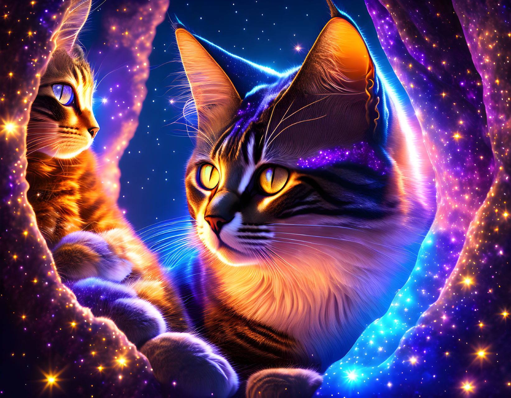 Majestic cosmic-themed cats with glowing eyes in starry space setting