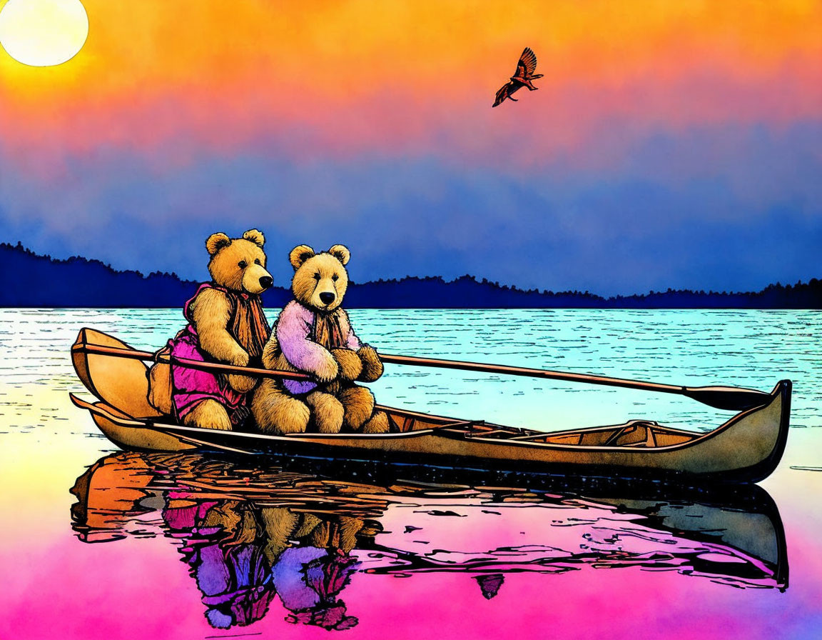 Cartoon bears in canoe on calm lake at sunset