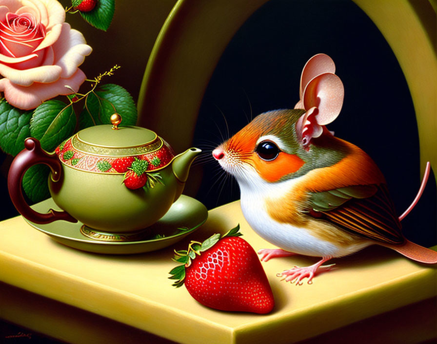 Colorful Mouse with Teapot, Strawberry, and Rose Illustration