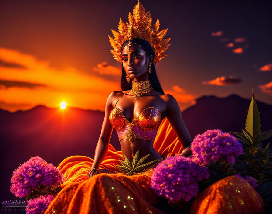 Digital Artwork: Woman in Golden Jewelry Among Purple Flowers at Sunset