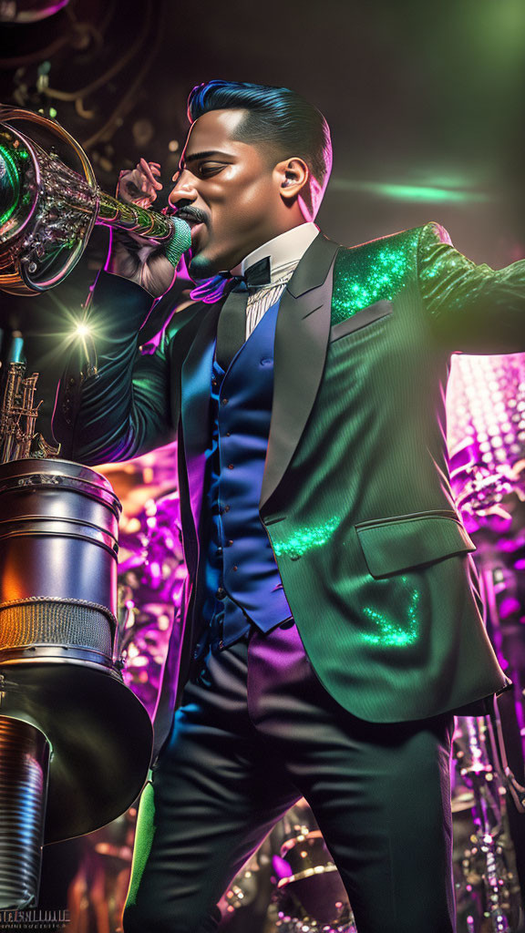 Man in Green Glittery Blazer Sings with Saxophone on Stage