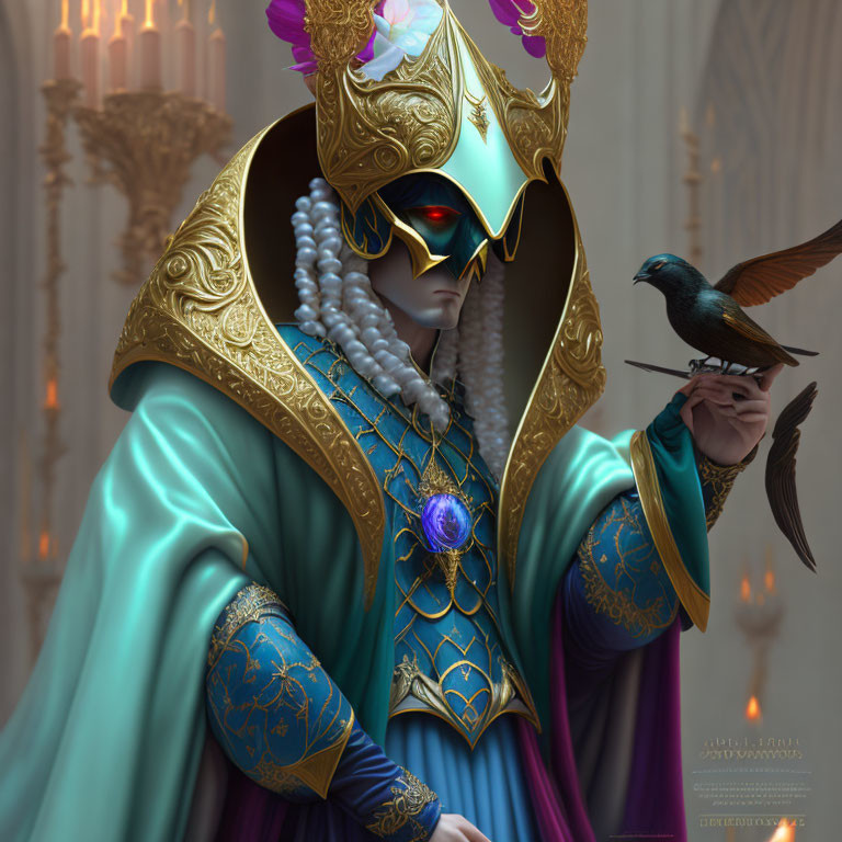 Regal figure in gold-trimmed blue armor with bird, against elegant architectural backdrop