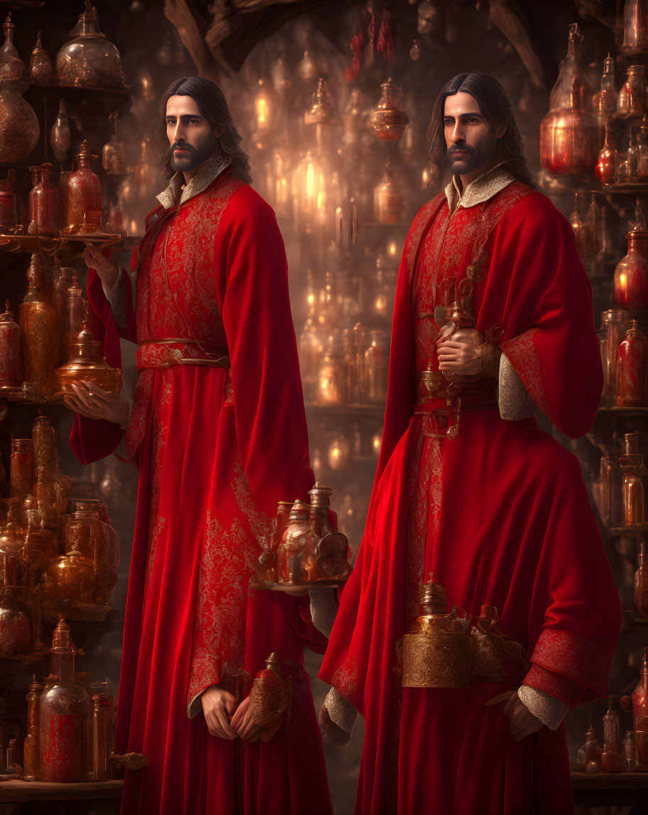 Two men in red medieval robes in a candle-lit room with potions and ancient books.