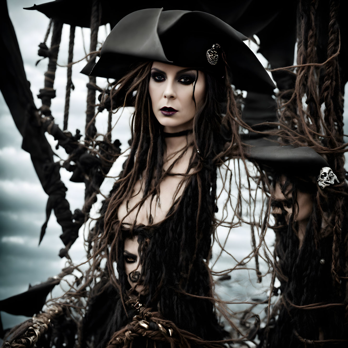 Woman in pirate costume on ship with skull-adorned hat and dramatic clouds