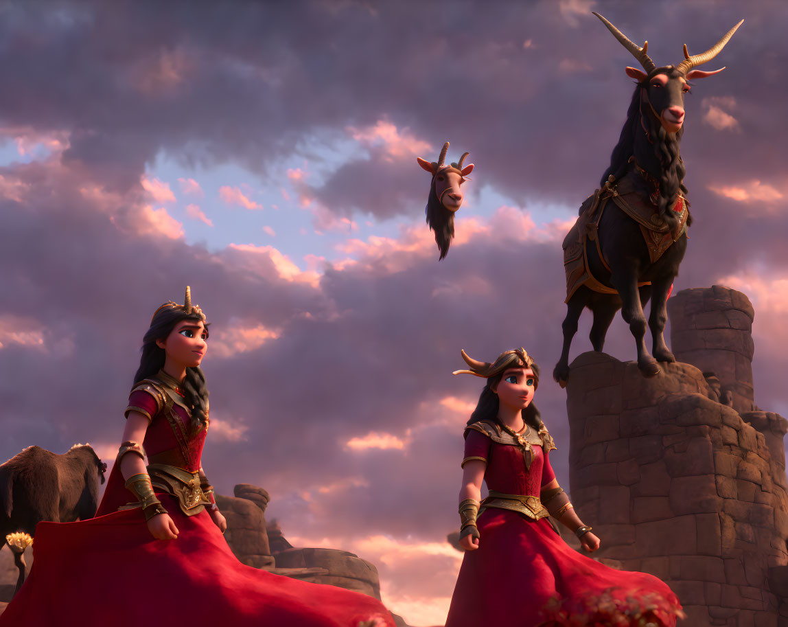 Three Viking-themed animated characters with a goat on a ridge at sunset.