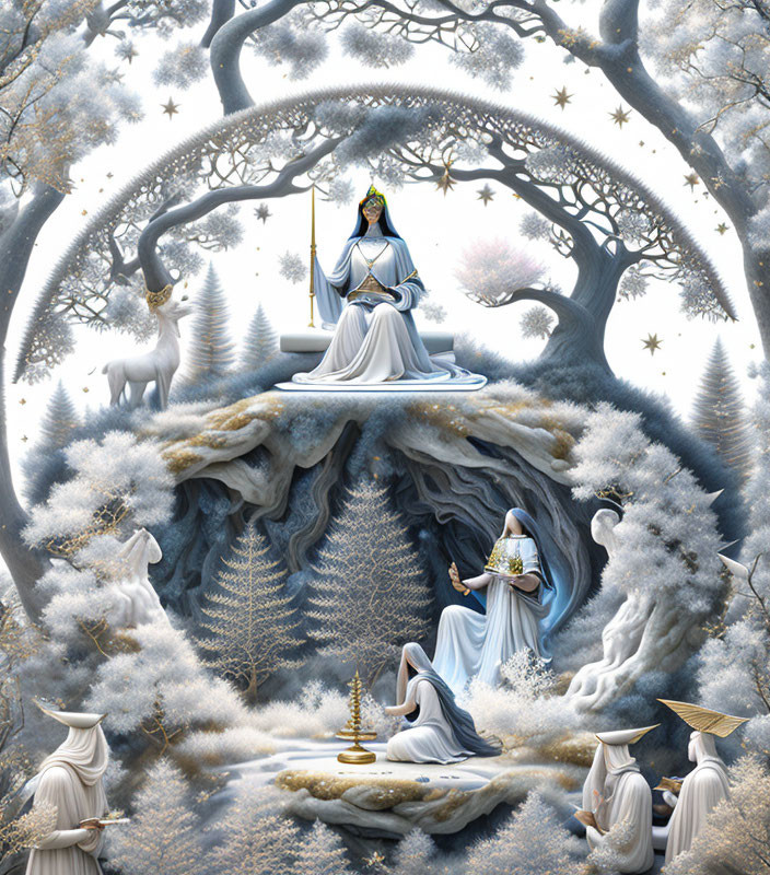 Fantasy Artwork: Robed Figures, Animals, Winter Landscape & Throne