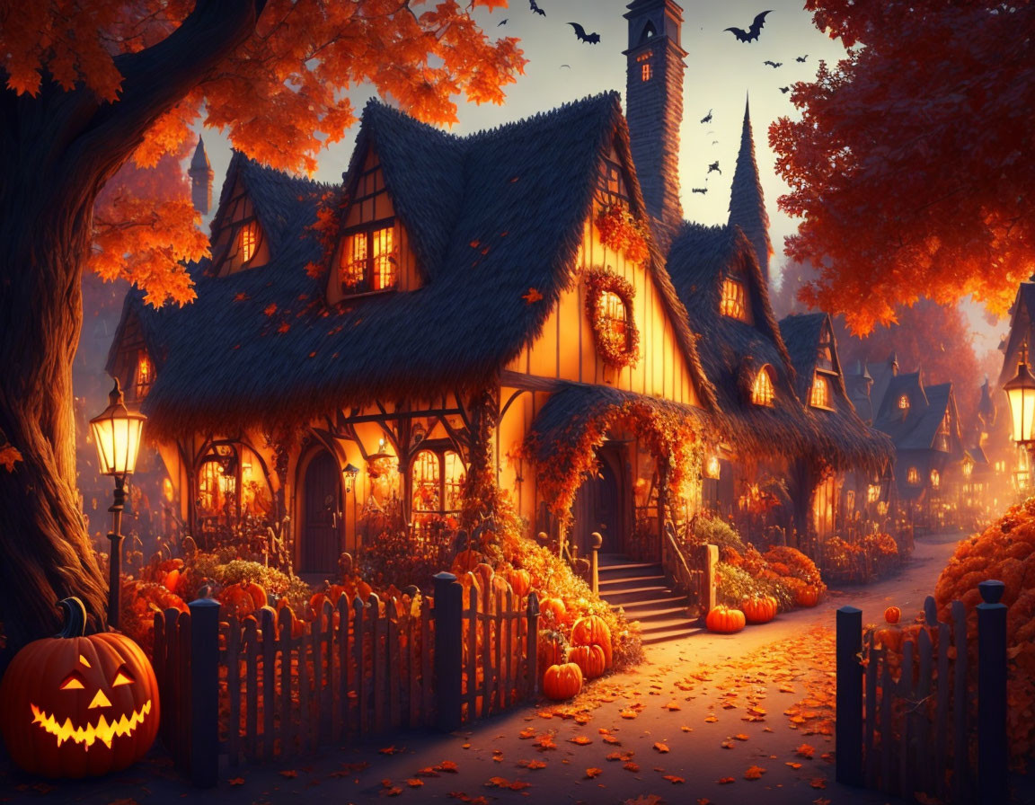 Cozy cottage with Halloween decorations in autumn setting