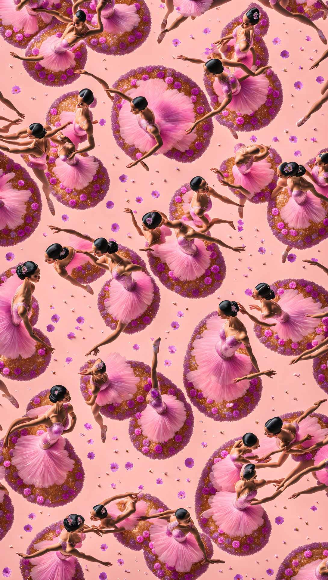 Symmetric array of ballerinas in pink tutus on pink backdrop